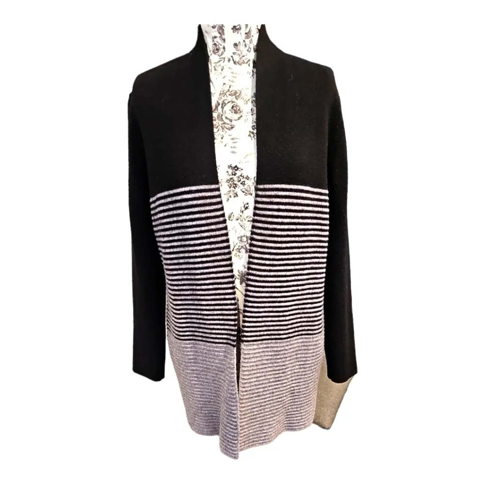 ELLE Black & Gray Open Front Long Color block Cardigan Sweater sz S - Picture 2 of 12